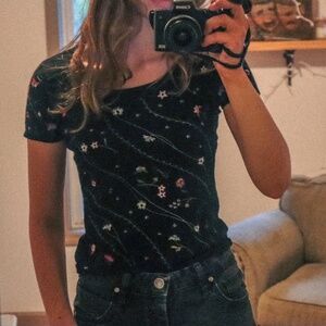 Black floral embroidered t-shirt